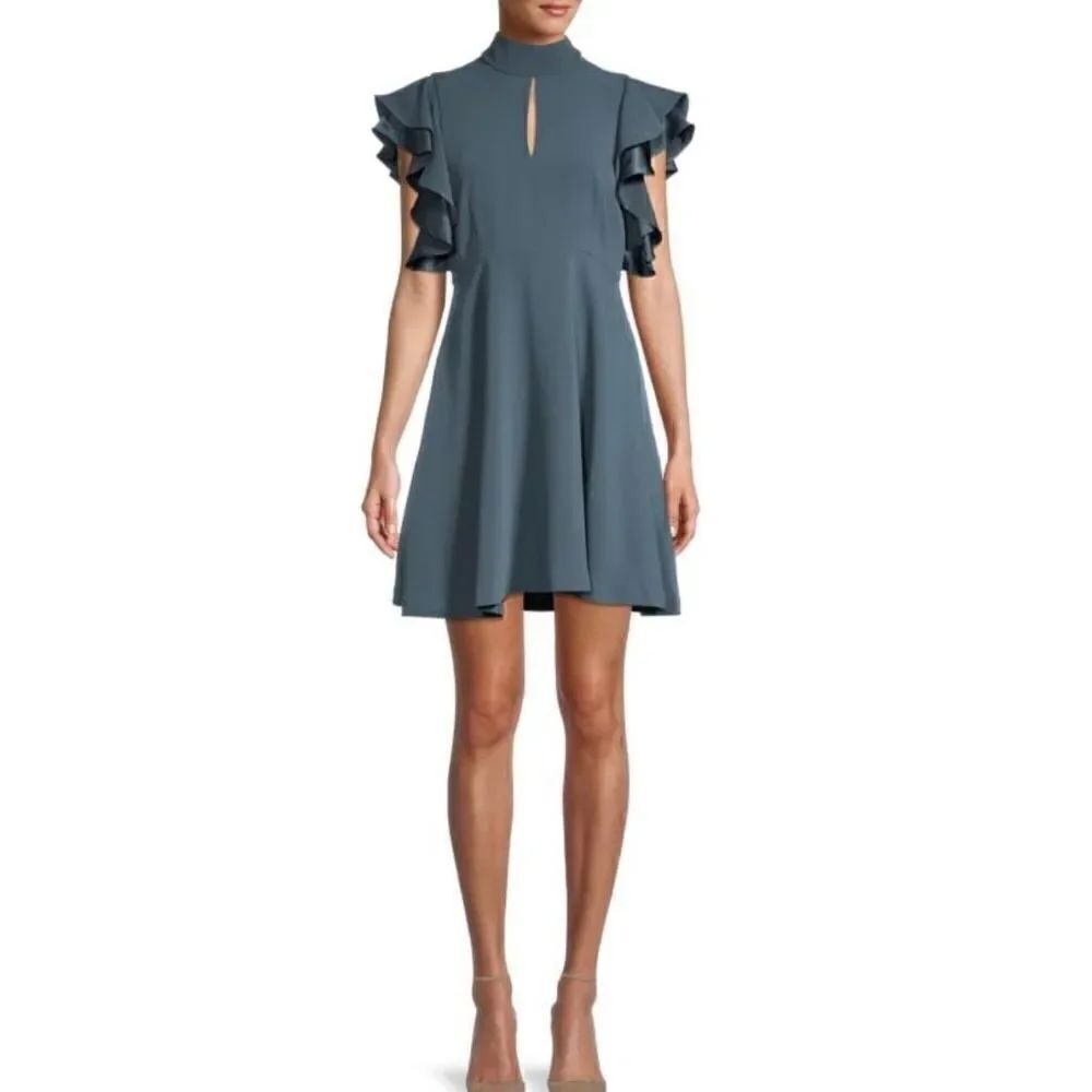 Cinq a Sept Reiko Flutter Sleeve Silk Contrast Dress in Blue NWT Size 8